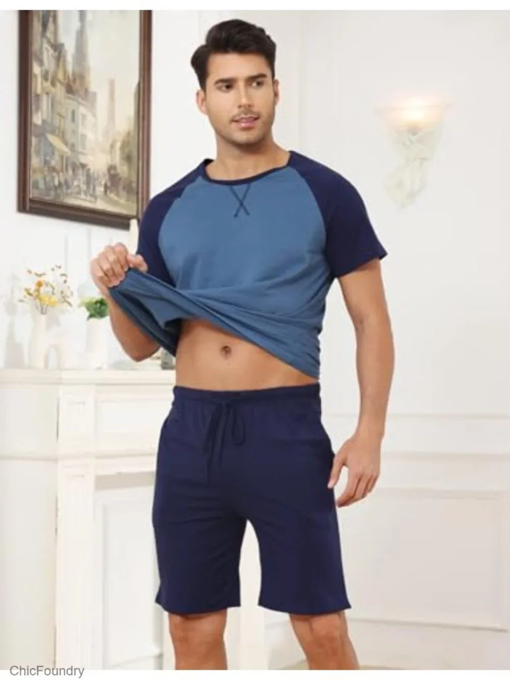 Men's Cotton Pajama Set Short Sleeve Shorts Lightweight Sleepwear Loungewear